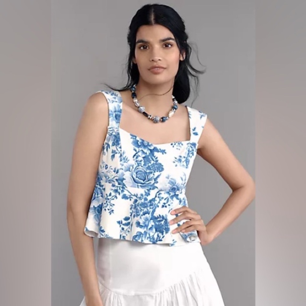 NWT | Anthropologie | Maeve | Square Neck Peplum | Blue/White | XS 🕥
